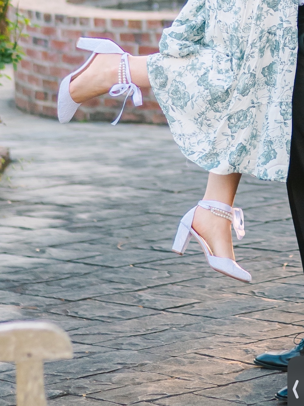 white lace satin  Ankle-Tie Block Heel Pumps - Women